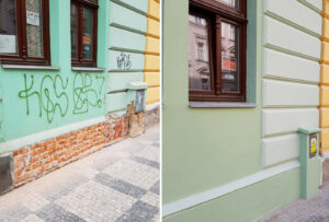 oprava fasády bytového domu v ulici Dobrovského Praha 7 - fasáda před a po